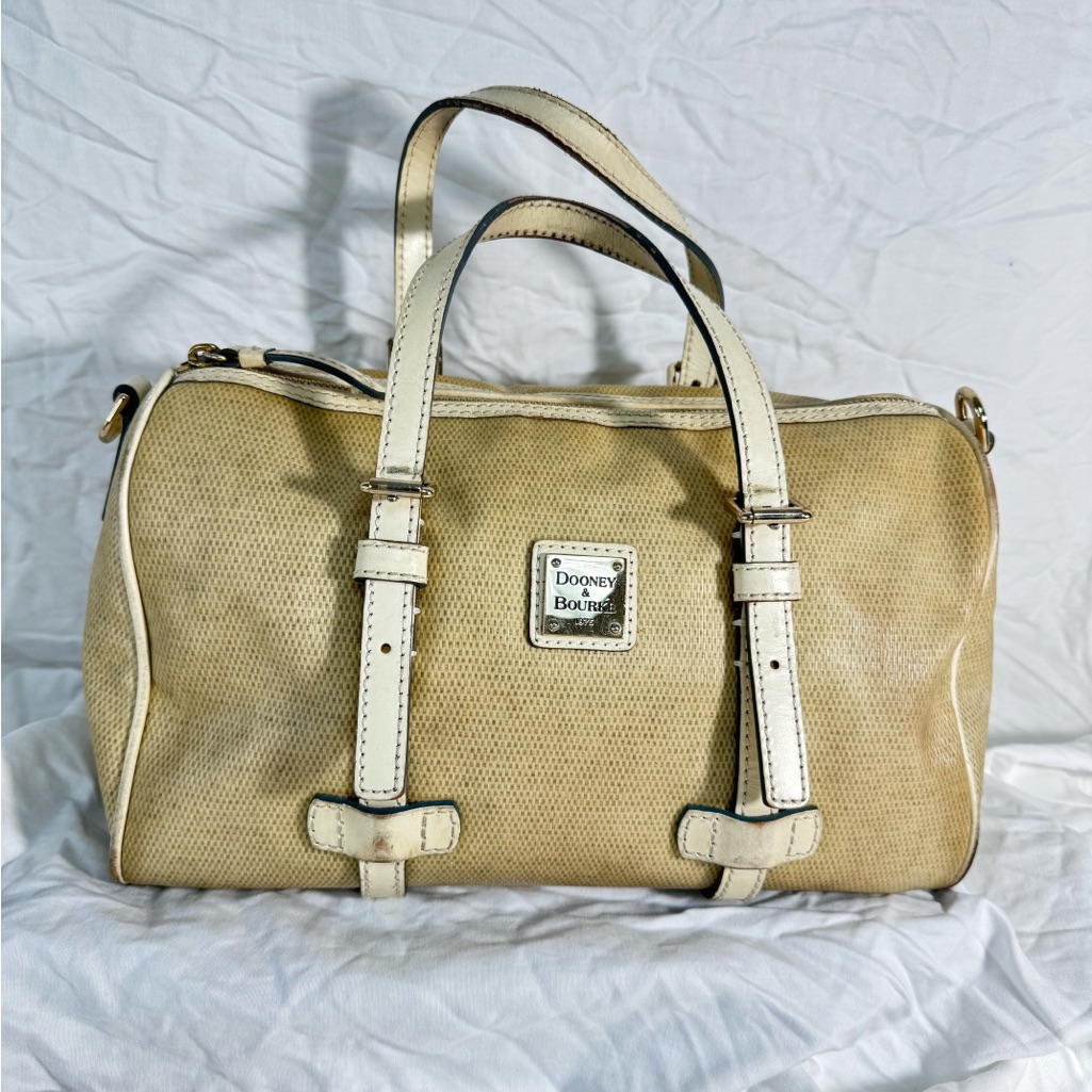 Dooney & Bourke Vintage Leather Panama Barrel Satchel Straw Look Coated Canvas